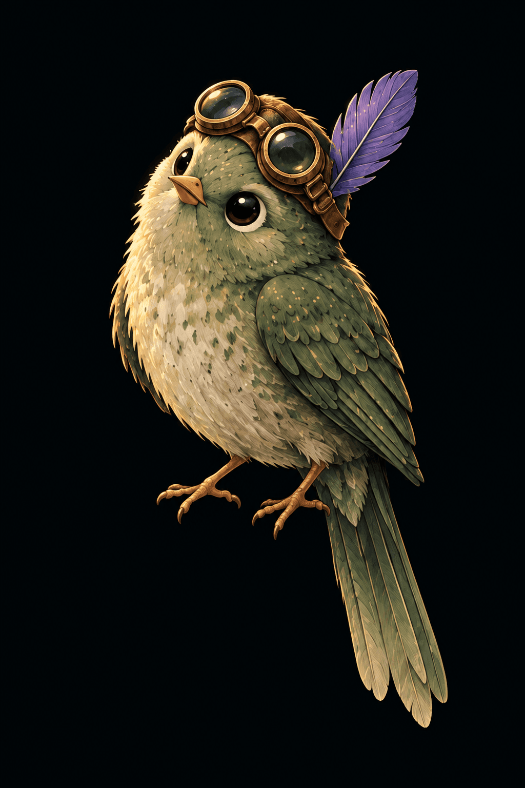 Sage green bird wearing brass goggles and a purple feather.
