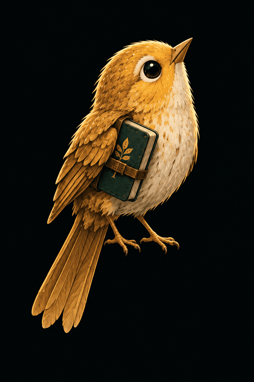 Ochre bird holding a green field notebook, looking up curiously.