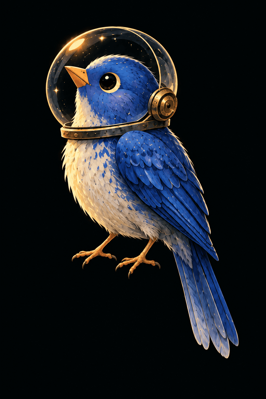 Blue bird wearing a glass astronaut helmet with brass fittings.